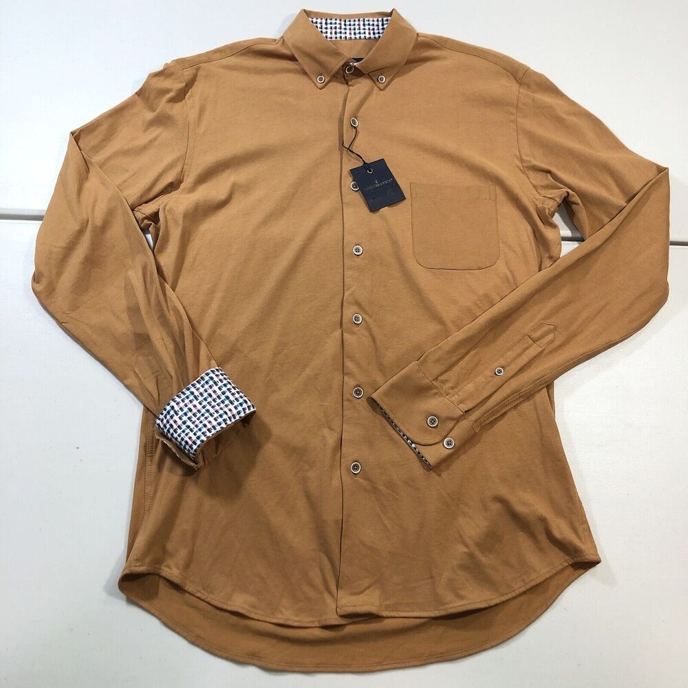 Rare CHESTER & PECK Men’s Button Down Shirt Medium Yellow Mustard Colored Cuffs